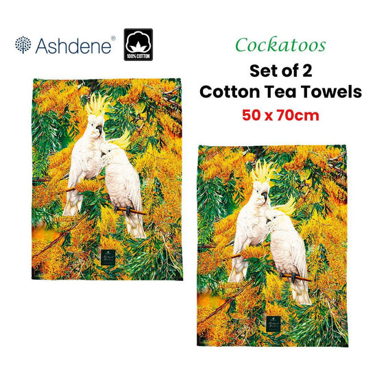 Set of 2 Backyard Beauties Kitchen Tea Towels Cockatoos 50 x 70 cm