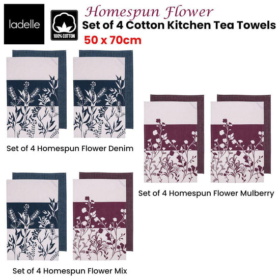 Ladelle Set of 4 Homespun Flower Cotton Kitchen Tea Towels 50 x 70 cm Denim