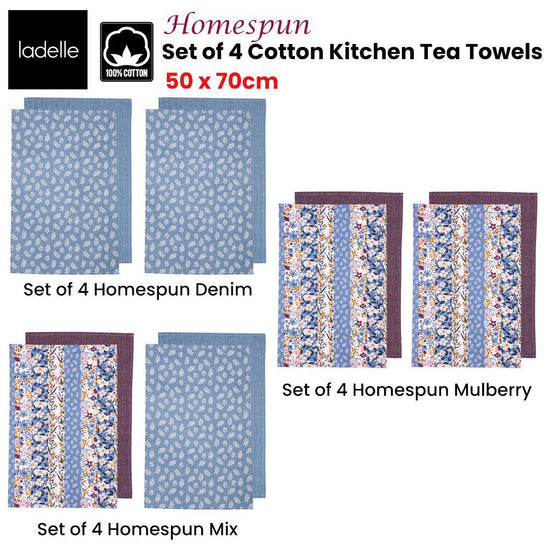 Ladelle Set of 4 Homespun Cotton Kitchen Tea Towels 50 x 70 cm Denim