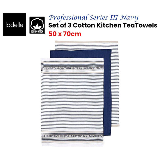 Ladelle Set of 3 Professional Series III Cotton Kitchen Tea Towels Navy 50 x 70 cm