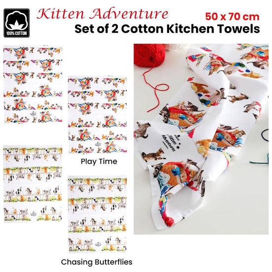 Ashdene Set of 2 Kitten Adventures Cotton Kitchen Tea Towels Chasing Butterflies