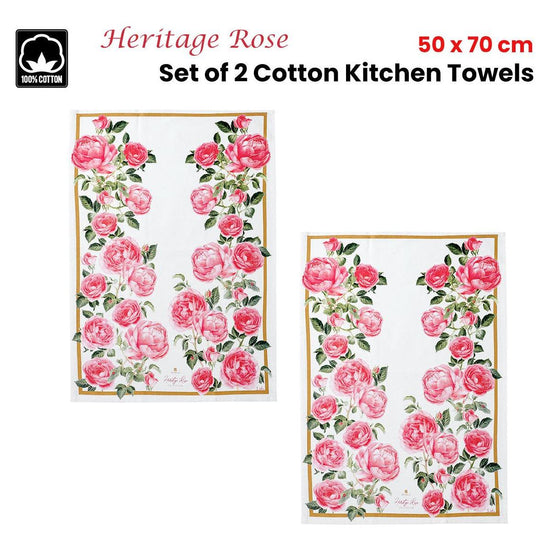 Ashdene Set of 2 Heritage Rose Cotton Kitchen Tea Towels 50 x 70 cm