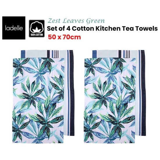 Ladelle Set of 4 Zest Leaves Green Cotton Kitchen Tea Towels 50 x 70 cm