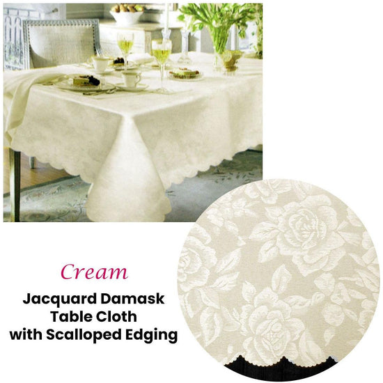 Jacquard Damask Design with Scalloped Edging Table Cloth Cream 150 x 220 cm