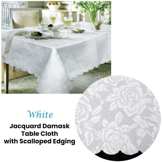 Jacquard Damask Design with Scalloped Edging Table Cloth White 150 x 220 cm