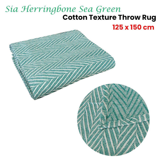 Sia Herringbone Sea Green 100% Cotton Texture Throw Rug 125 x 150 cm