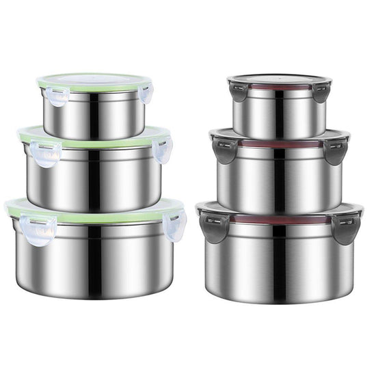 3PCS Stainless Steel Sealed Crisper Storage Box with Lid Round Food Lunch Box - White