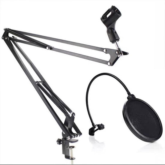 Microphone Suspension Boom Arm Desktop Stand Mic Holder Mount and Pop Filter - Mic Stand with Pop Filter
