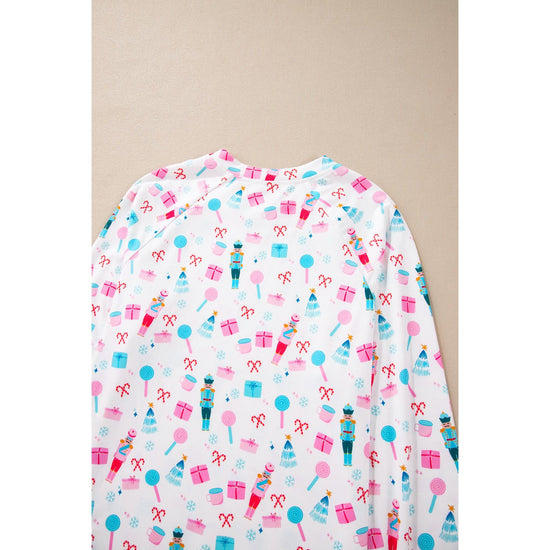 White Christmas Pattern Long Sleeve Top and Wide Leg Pants Set - L