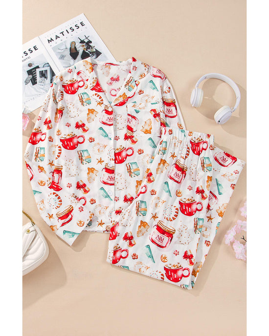 White Christmas Pattern Long Sleeve Shirt and Pants Pajama Set - M
