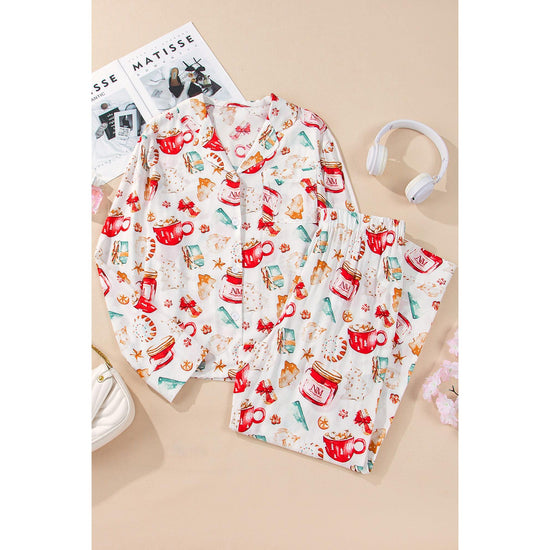 White Christmas Pattern Long Sleeve Shirt and Pants Pajama Set - M