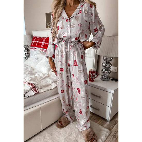 Light Grey Christmas Printed Shirt and Pants Pajama Set - S