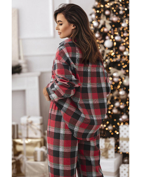 Red Christmas Checkered Pattern Loose Shirt and Pants Lounge Set - XL