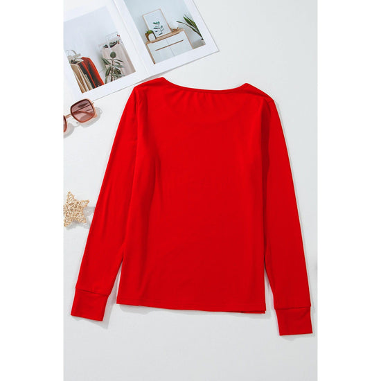 Red Solid Top and Christmas Pants Two Piece Lounge Set - L