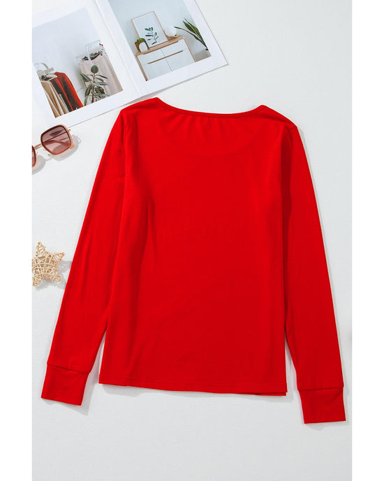 Red Solid Top and Christmas Pants Two Piece Lounge Set - XL