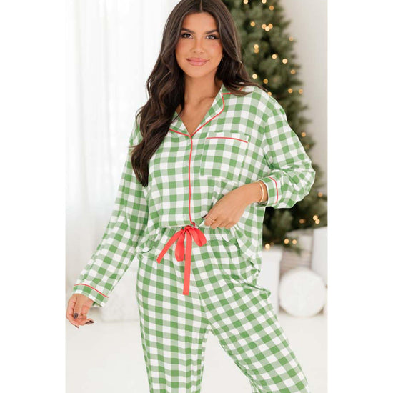 Light Green Christmas Plaid Print Shirt and Pants Pajama Set - M