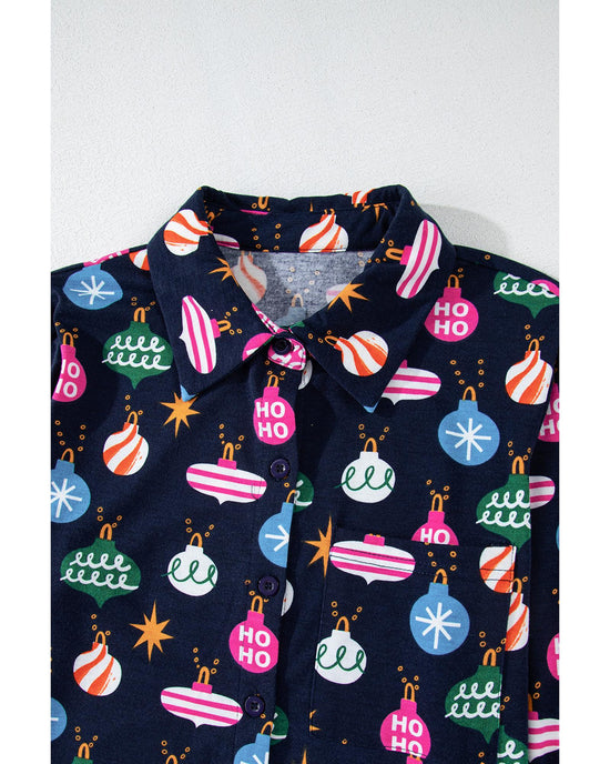 Navy Blue Colorful Christmas Lights Print Shirt and Pants Pajama Set - L