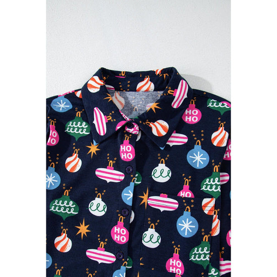 Navy Blue Colorful Christmas Lights Print Shirt and Pants Pajama Set - S