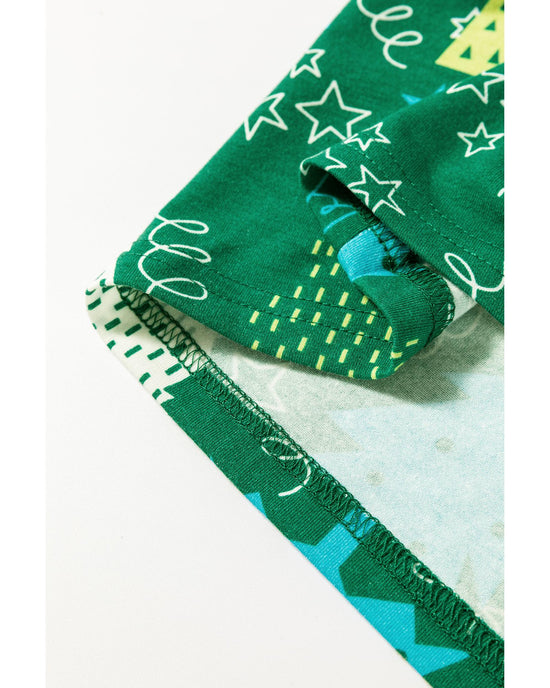 Green Christmas Tree Print V Neck Tee and Pants Lounge Set - M