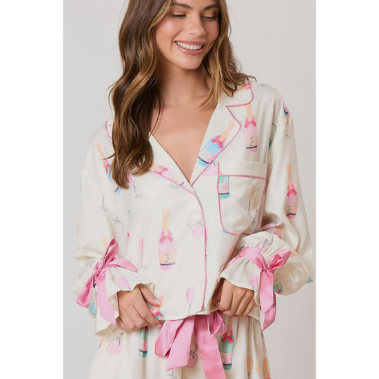 Azura Exchange White Christmas Wine Glass Print Bow Knot Two Piece Pajama Set - S