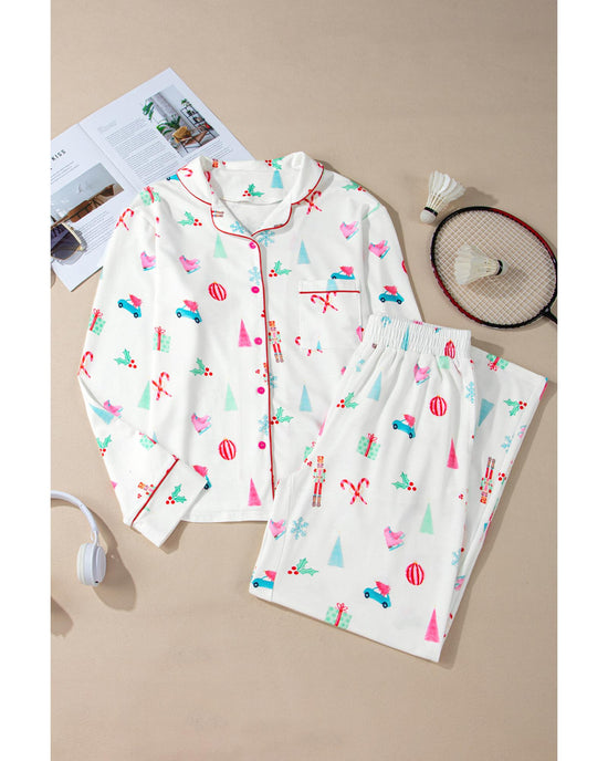 White Christmas Print Lapel Shirt and Pants Sleepwear - 2XL