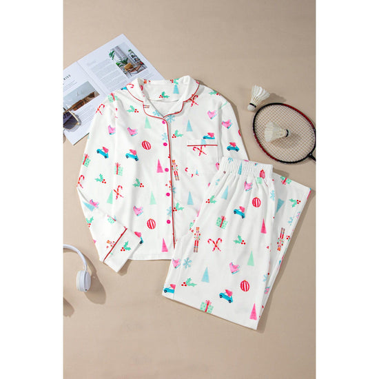 White Christmas Print Lapel Shirt and Pants Sleepwear - XL