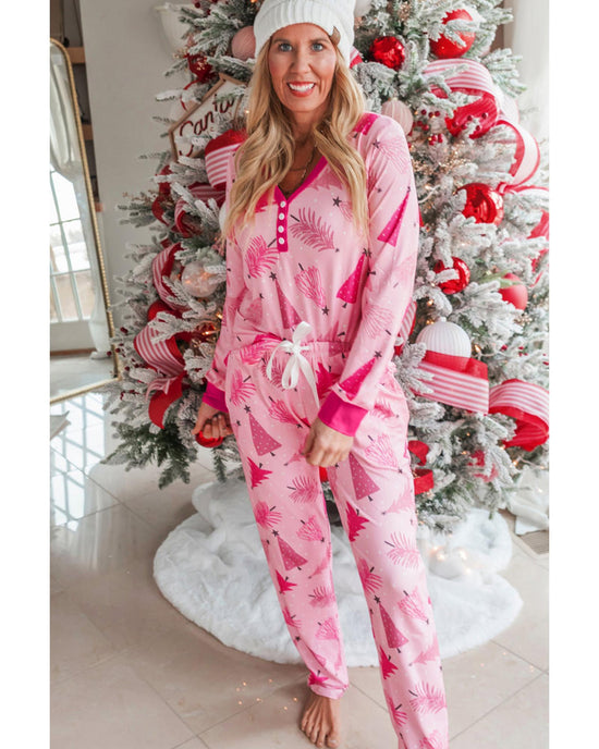 Pink Christmas Tree Print V Neck Buttoned Pullover and Drawstring Pants Lounge Set - M