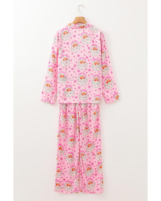 Pink Santa Claus Snowflake Long Sleeve Shirt Christmas Pajama Set - M