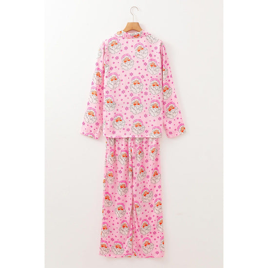 Pink Santa Claus Snowflake Long Sleeve Shirt Christmas Pajama Set - M