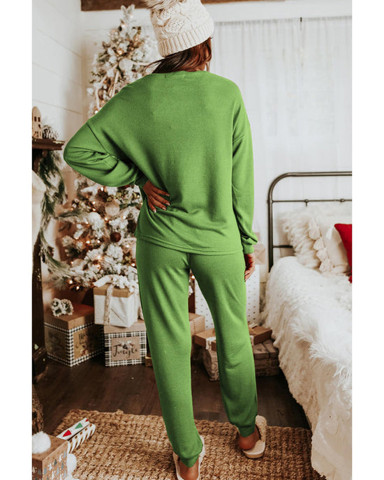Spinach Green Sequin Christmas Stockings Graphic Two Piece Lounge Set - L