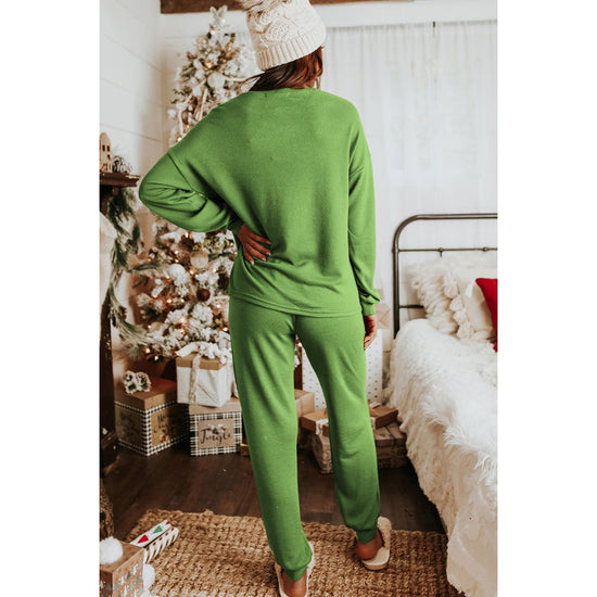 Spinach Green Sequin Christmas Stockings Graphic Two Piece Lounge Set - S