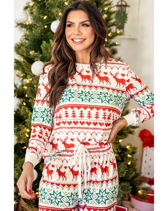 Bright White Christmas Print Pullover and Pants Lounge Set - M