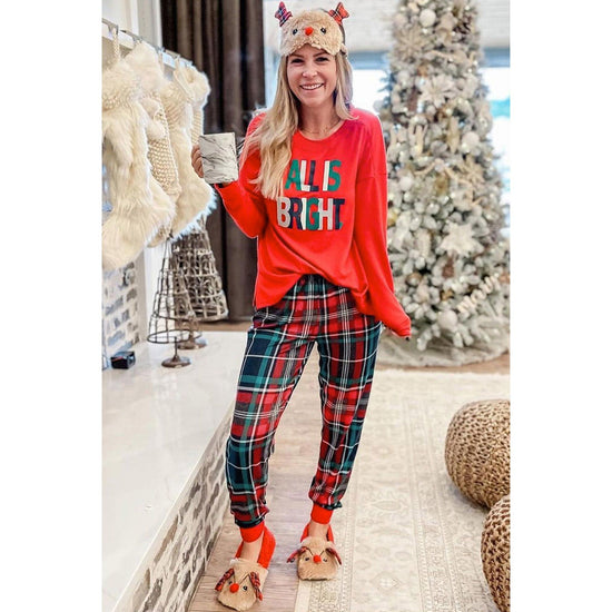 Multicolor ALL IS BRIGHT Graphic Christmas Plaid Pajamas Set - XL