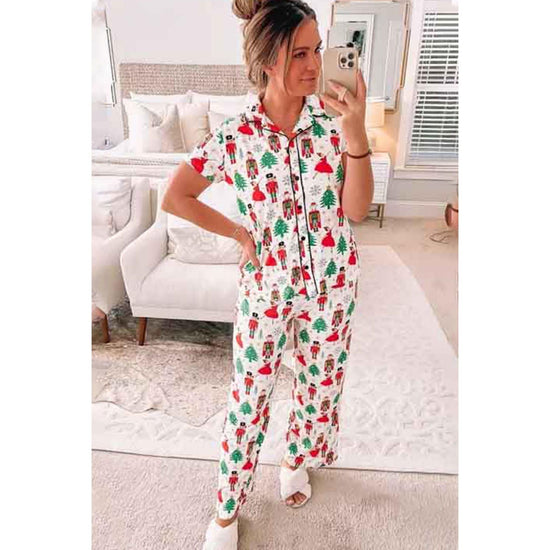 White Printed Christmas Pattern Buttoned Two Piece Sleepwear - L