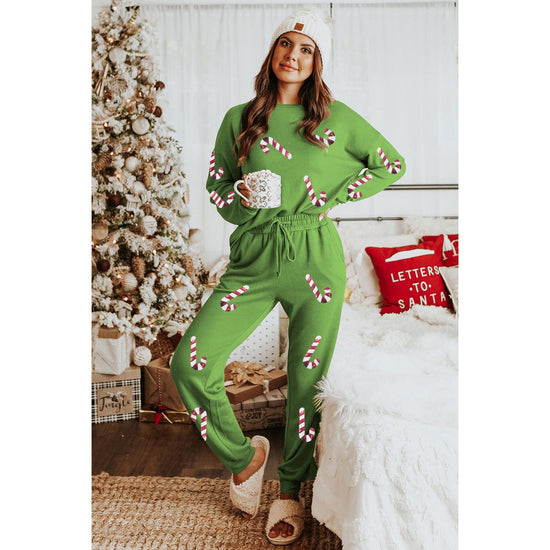 Spinach Green Sequined Christmas Cane Pattern Lounge Sweatsuit - L