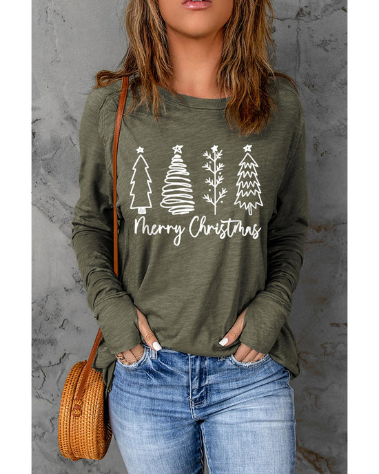Green Merry Christmas Trees Thumbhole Sleeve Graphic Tee - L