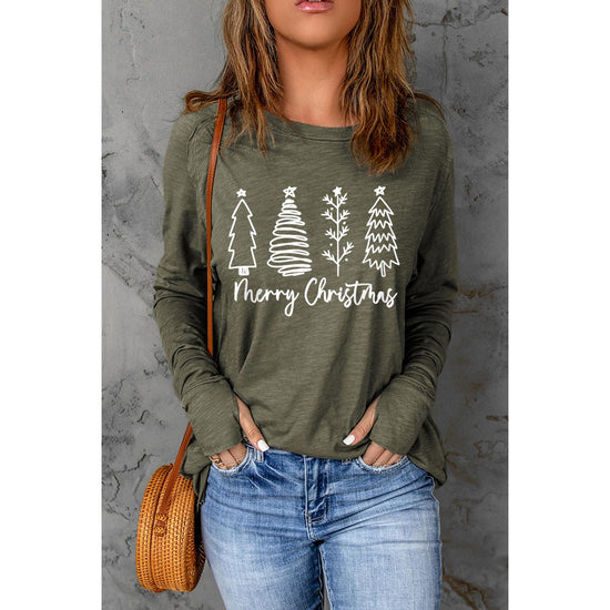 Green Merry Christmas Trees Thumbhole Sleeve Graphic Tee - S