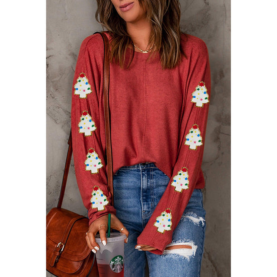 Red Christmas Tree Patch Long Sleeve Casual Top - L