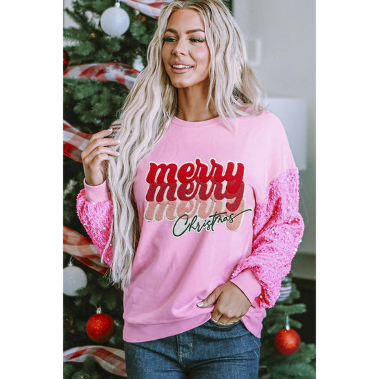 Pink Merry Christmas Graphic Sequin Sleeve Patchwork Top - M