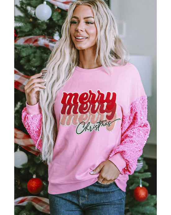 Pink Merry Christmas Graphic Sequin Sleeve Patchwork Top - S
