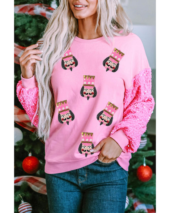 Pink Christmas Nutcracker Graphic Sequin Patchwork Long Sleeve Top - L
