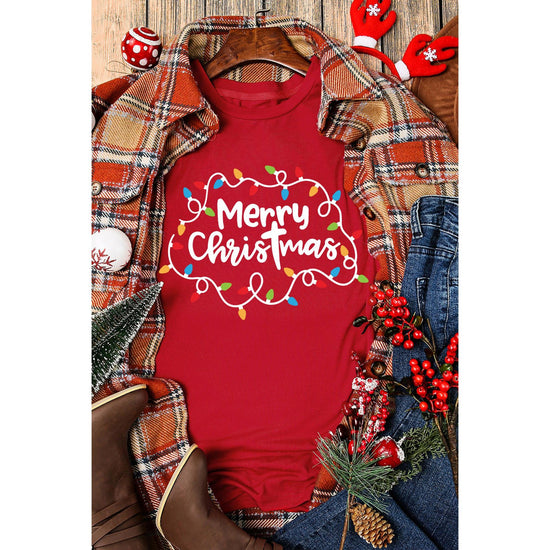 Red Merry Christmas Lights Print Crew Neck T Shirt - M
