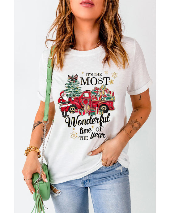 White Christmas Pattern Slogan Print Crew Neck T Shirt - XL