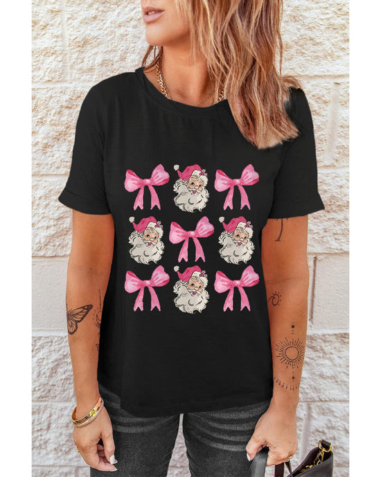 Black Santa Claus Bow Knot Christmas Graphic T Shirt - L
