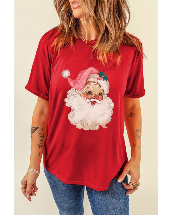 Red Christmas Santa Claus Print Crew Neck T Shirt - XL