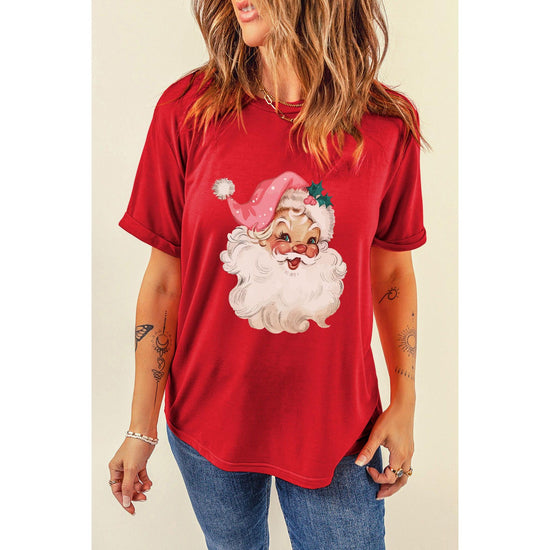 Red Christmas Santa Claus Print Crew Neck T Shirt - XL