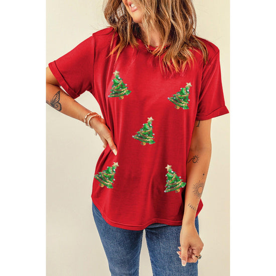 Red Sequined Christmas Tree Graphic Crewneck T Shirt - M