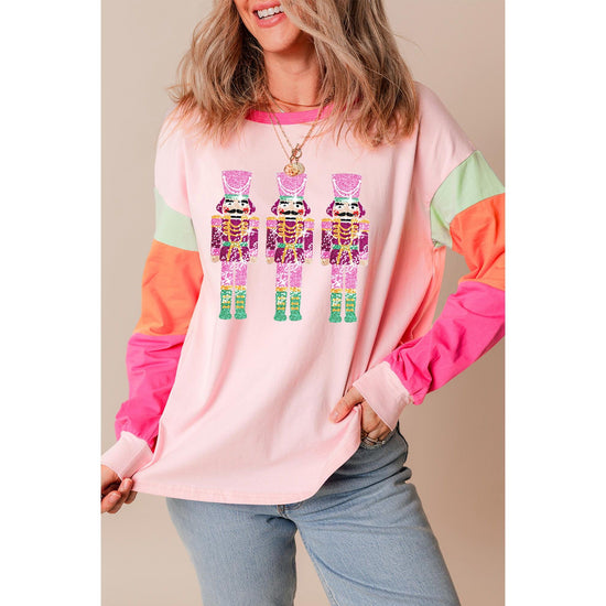 Pink Christmas Sequin Nutcracker Graphic Colorblock Long Sleeve Top - M