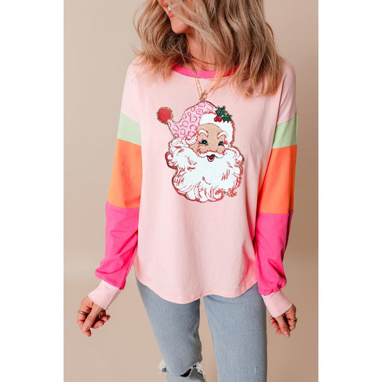 Pink Christmas Santa Claus Graphic Colorblock Patchwork Top - M