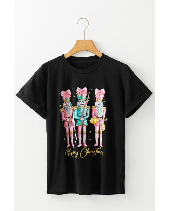 Black Nutcracker Merry Christmas Printed Crewneck T Shirt - M
